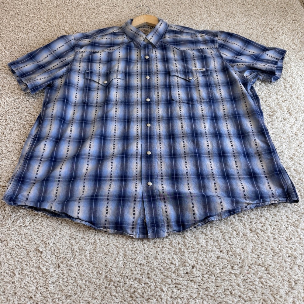 Lucky Brand Dungarees Mens XXL Blue Plaid Western Pearl Snap Shirt Short Sleeve